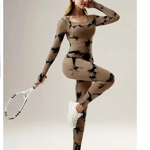 Callie Lives Miz Ribbed Activewear Tie Dye Charcoal or Red Scoop Neck Jumpsuit - Picture 8 of 8